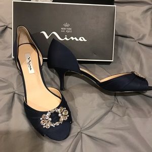 Navy satin and rhinestone pumps sz. 11